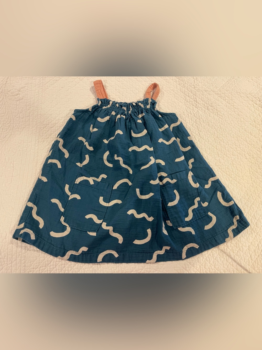 Open Edit Kids Girls Teal Patterned Sundress Peach Straps Organic Cotton Sz 3T